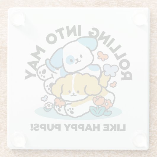 Rolling in mei als Happy Pups - Schattigee lenteho Glazen Onderzetter (Achterkant)