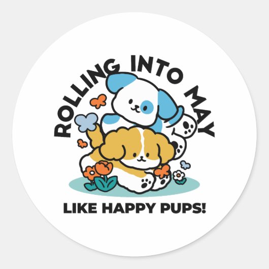 Rolling in mei als Happy Pups - Schattigee lenteho Ronde Sticker (Voorkant)