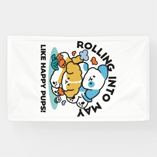 Rolling in mei als Happy Pups - Schattigee lenteho Spandoek (Horizontaal)