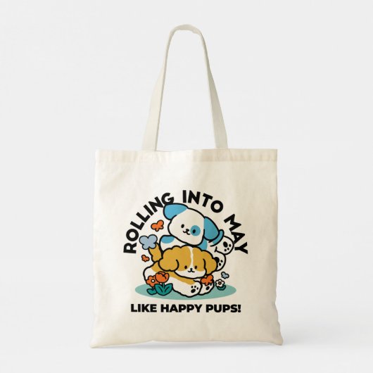 Rolling in mei als Happy Pups - Schattigee lenteho Tote Bag (Achterkant)