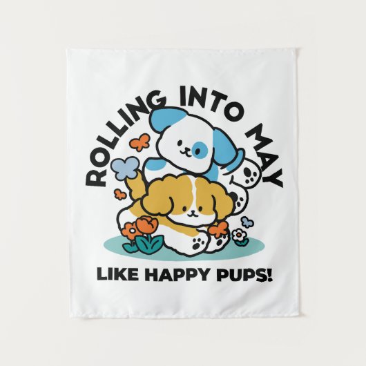 Rolling in mei als Happy Pups - Schattigee lenteho Wandkleed (Voorkant)