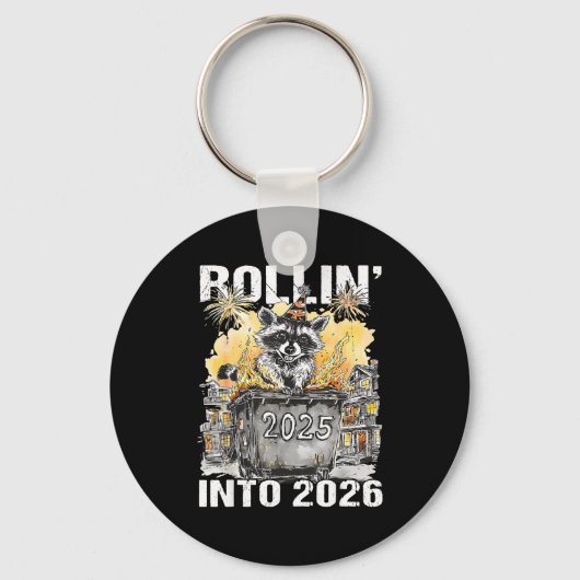 Rolling Into 2026 Trash Racoon Funny New Years Eve Sleutelhanger (Voorkant)