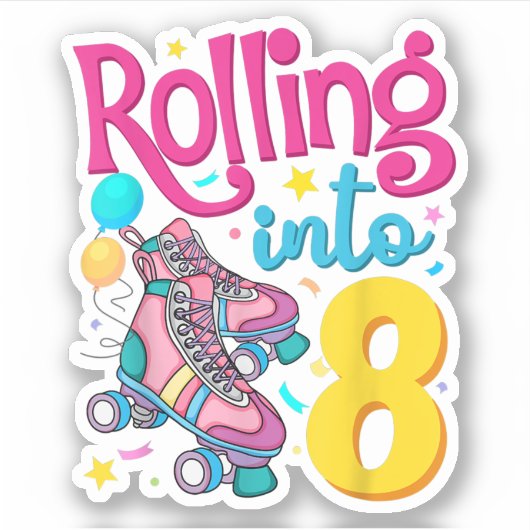 Rolling Into 8 Years Old 8th Birthday Cute Skating Sticker (Voorkant)