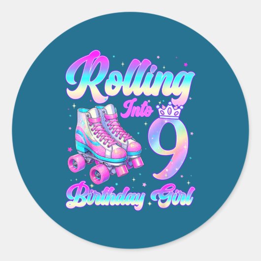 Rolling Into 9 Year Old Roller Skating 9th Birthda Ronde Sticker (Voorkant)