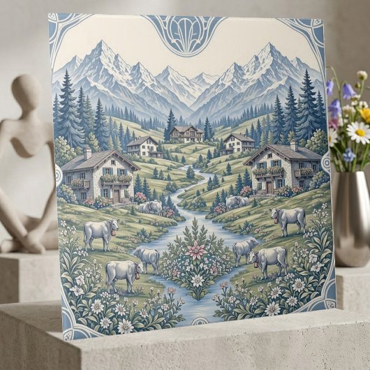 Rolling Meadows Grazing Cow Rustic Cabin Mountains Tegeltje