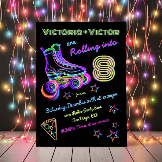 Rolling Neon Roller Skating Tweeling Verjaardagsfe Kaart