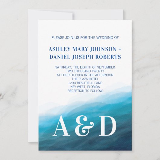 Rolling Ocean Waves Bruiloft uitnodiging, Turquois Kaart (Voorkant)