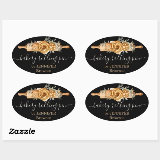 Rolling Pin Bakery Cookies Breads elegant zwart Ovale Sticker (Vel)