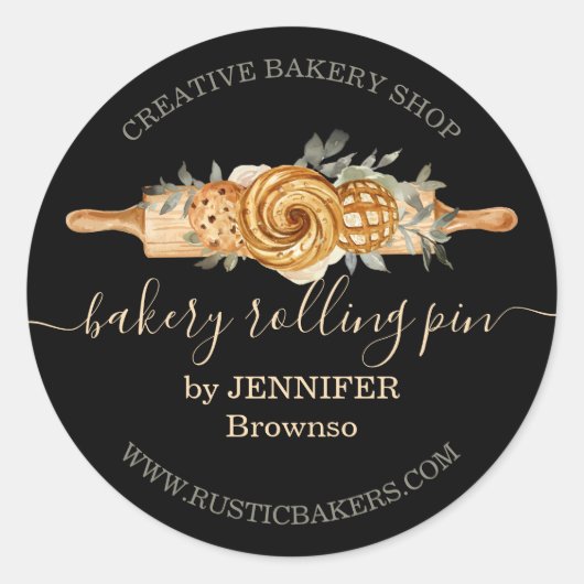 Rolling Pin Bakery Cookies Breads elegant zwart Ronde Sticker (Voorkant)