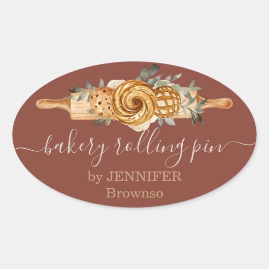 Rolling Pin Bakery Cookies Broden elegant bruin Ovale Sticker (Voorkant)