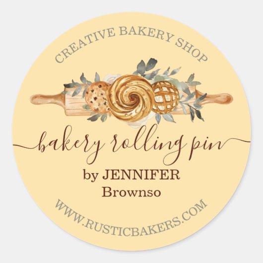 Rolling Pin Bakery Cookies Broden elegant geel Ronde Sticker (Voorkant)