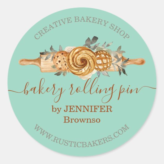 Rolling Pin Bakery Cookies Broden elegant groen Ronde Sticker (Voorkant)