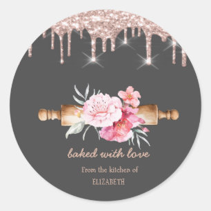Rolling Pin Bloemen Roze Goud Druppels Bakkerij Ronde Sticker