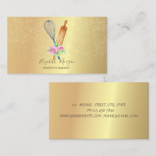 Rolling Pin Whisk Roos Gold Confetti Bakery Visitekaartje (Voorkant / Achterkant)