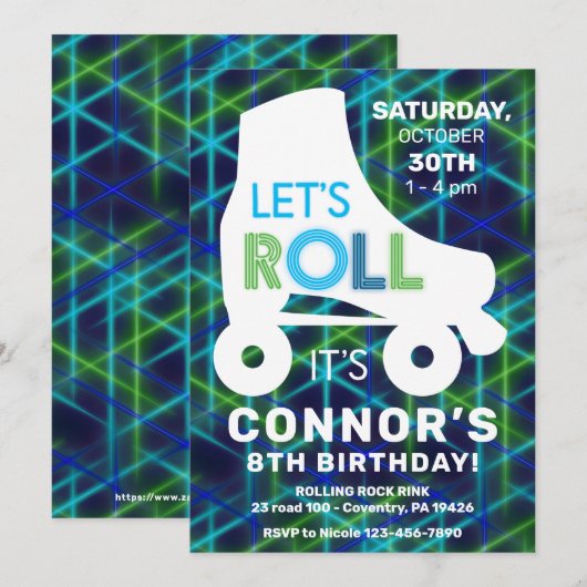 Rollschaatsen Glow Neon Birthday Party Kaart (Voorkant / Achterkant)
