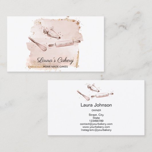 rolpen en whiskycupcake bakkerij bleekroze visitekaartje (Voorkant / Achterkant)