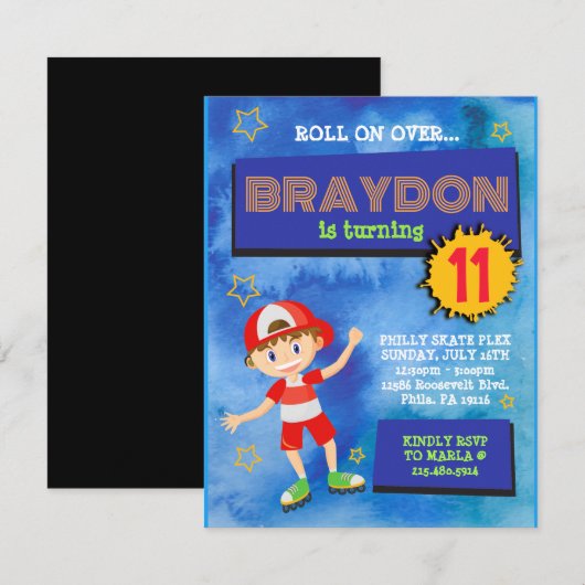 Rolschaatsen Jongen Blauw Verjaardagsfeestuitnodig Kaart (Voorkant / Achterkant)