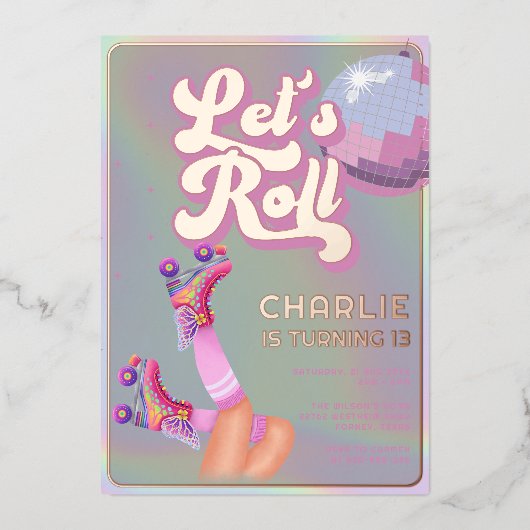 Rolschaatsen Leuk Retro Kids Verjaardagsfeest Folie Uitnodiging (Voorkant)