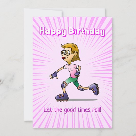 Rolschaatsen meisje roze verjaardag kaart (Voorkant)
