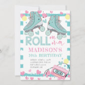 Rolschaatsen meisje verjaardag pastel blauw roze kaart (Voorkant)