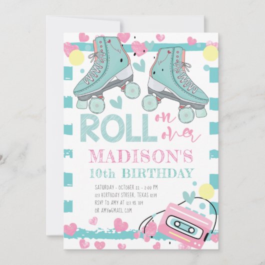 Rolschaatsen meisje verjaardag pastel blauw roze kaart (Voorkant)