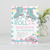Rolschaatsen meisje verjaardag pastel blauw roze kaart (Staand voorkant)