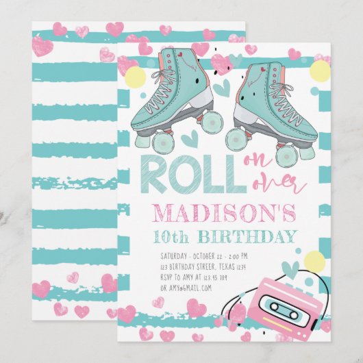 Rolschaatsen meisje verjaardag pastel blauw roze kaart (Voorkant / Achterkant)