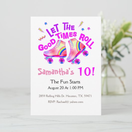 Rolschaatsen Meisjes Roze Verjaardag uitnodiging (Staand voorkant)
