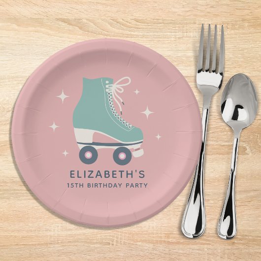 Rolschaatsen Meisjes Verjaardagsfeest Roze Papieren Bordje