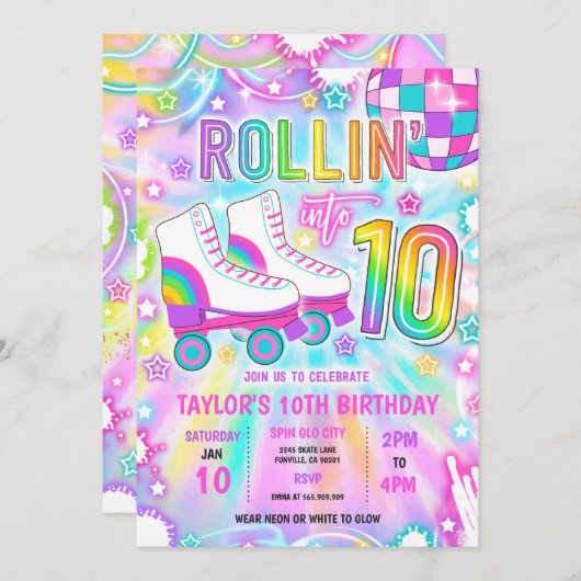 Rolschaatsen Neon Glow 10e verjaardag partij Kaart (Voorkant / Achterkant)