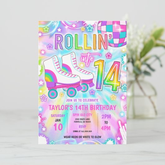 Rolschaatsen Neon Glow 14e verjaardag Kaart (Staand voorkant)