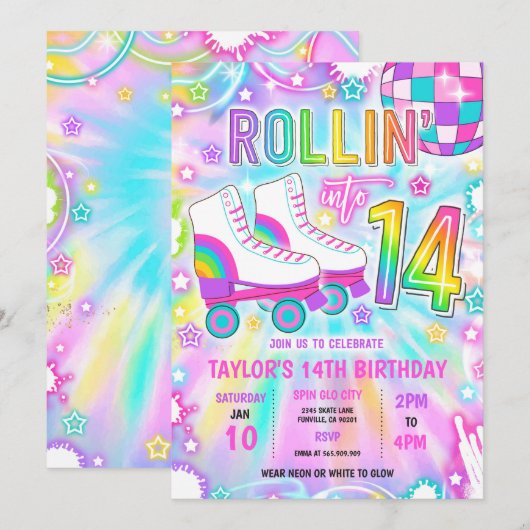 Rolschaatsen Neon Glow 14e verjaardag Kaart (Voorkant / Achterkant)