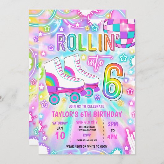 Rolschaatsen Neon Glow 6e verjaardag partij Kaart (Voorkant / Achterkant)