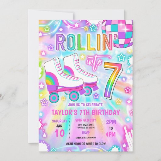 Rolschaatsen Neon Glow 7e verjaardag partij Kaart (Voorkant)