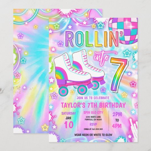 Rolschaatsen Neon Glow 7e verjaardag partij Kaart (Voorkant / Achterkant)