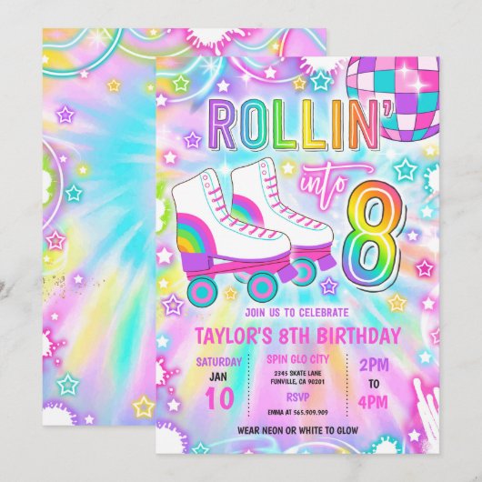 Rolschaatsen Neon Glow 8e verjaardag partij Kaart (Voorkant / Achterkant)