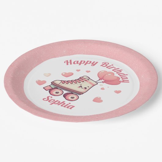 Rolschaatsen Roze Glitter Meisje Verjaardagsfeestj Papieren Bordje (Gekanteld)
