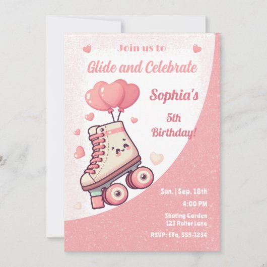 Rolschaatsen Roze Hart Meisje Verjaardagsfeestje Kaart (Voorkant)