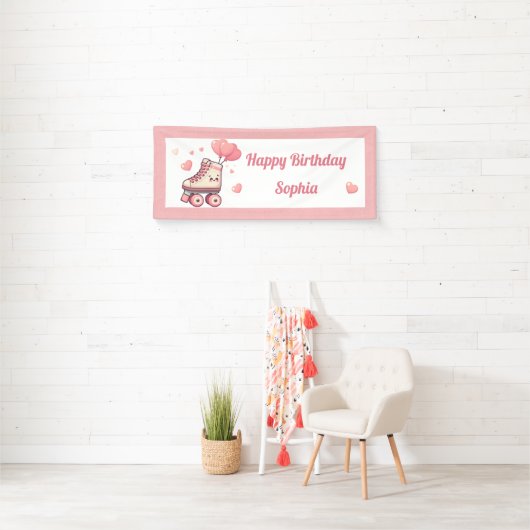 Rolschaatsen Roze Hart Meisje Verjaardagsfeestje Spandoek (Insitu)