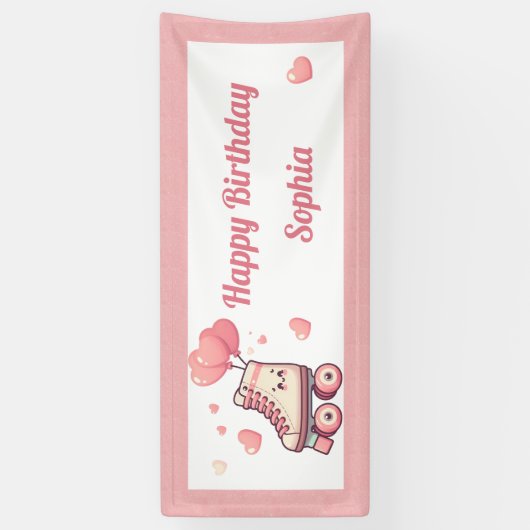 Rolschaatsen Roze Hart Meisje Verjaardagsfeestje Spandoek (Verticaal)