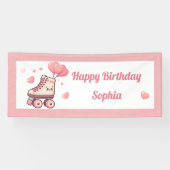 Rolschaatsen Roze Hart Meisje Verjaardagsfeestje Spandoek (Horizontaal)