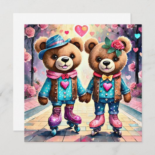 Rolschaatsen Valentijn teddyberen Feestdagenkaart (Voorkant / Achterkant)