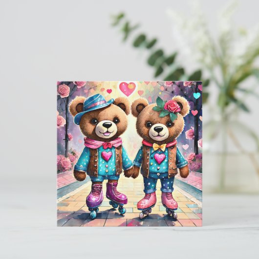 Rolschaatsen Valentijn teddyberen Feestdagenkaart (Staand voorkant)