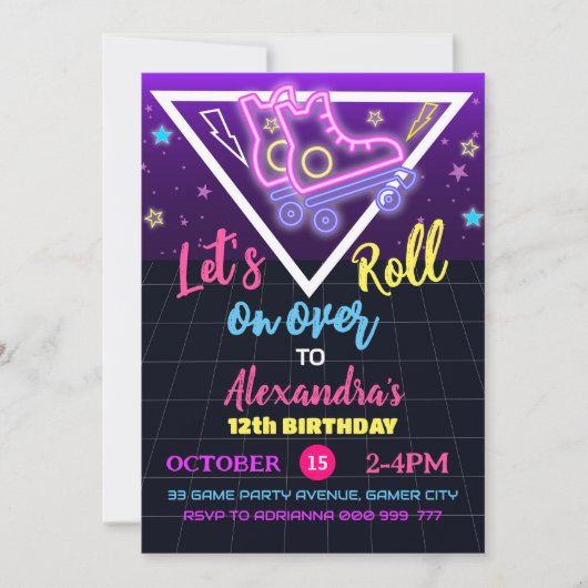 Rolschaatsen verjaardag Neon schaatsen uitnodiging (Voorkant)