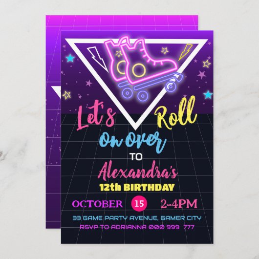Rolschaatsen verjaardag Neon schaatsen uitnodiging (Voorkant / Achterkant)