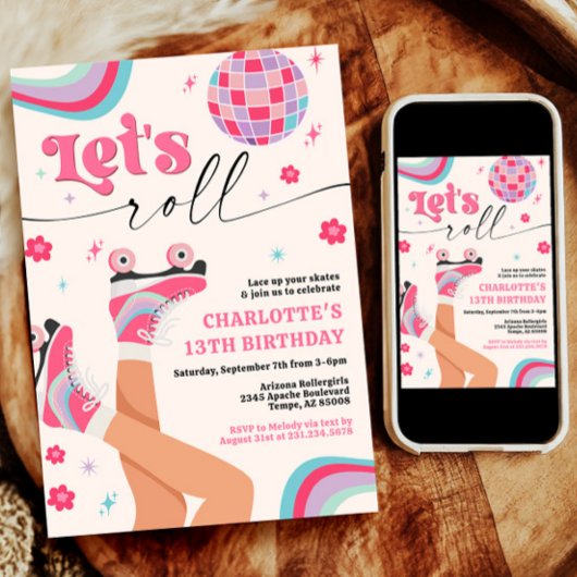 Rolschaatsen Verjaardag uitnodiging Groovy Rainbow
