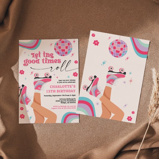 Rolschaatsen Verjaardag Uitnodiging Retro Rainbow