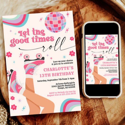 Rolschaatsen Verjaardag Uitnodiging Retro Rainbow