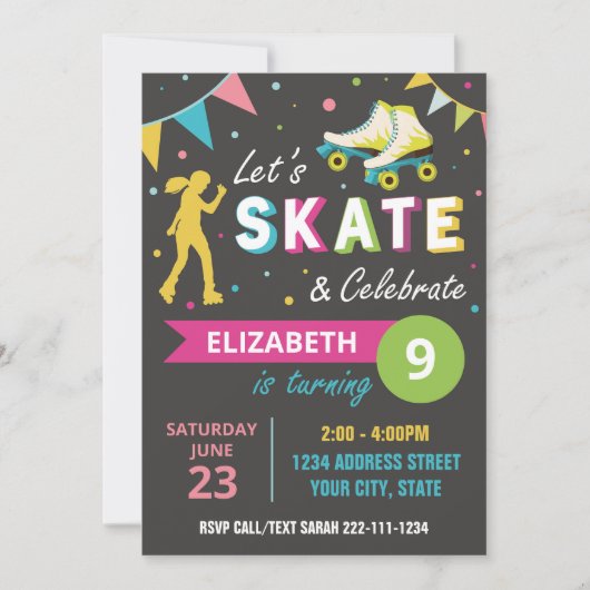 Rolschaatsen Verjaardagsfeestuitnodiging in zwart Kaart (Voorkant)