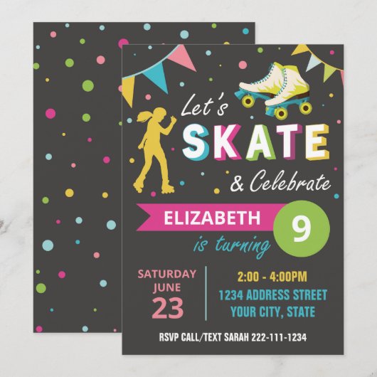 Rolschaatsen Verjaardagsfeestuitnodiging in zwart Kaart (Voorkant / Achterkant)